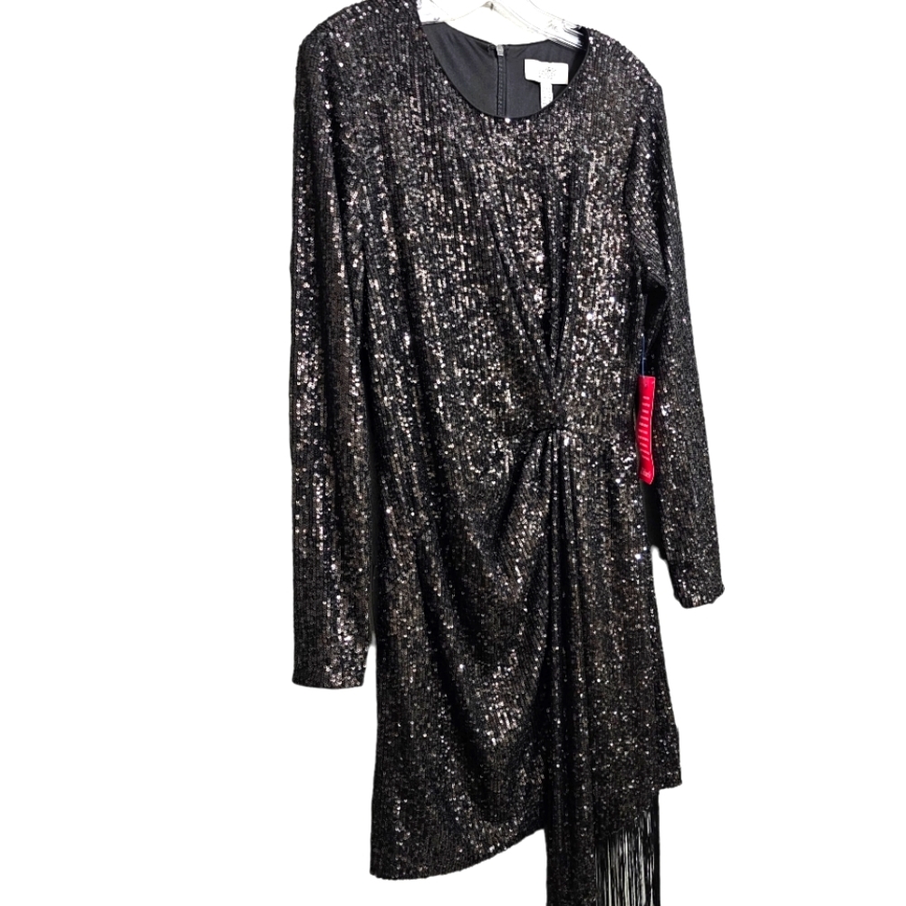 Nwt Belle Badgley Mischka Black Sequin Longsleeve Harley Long Fringed Sa… - Picture 6 of 17